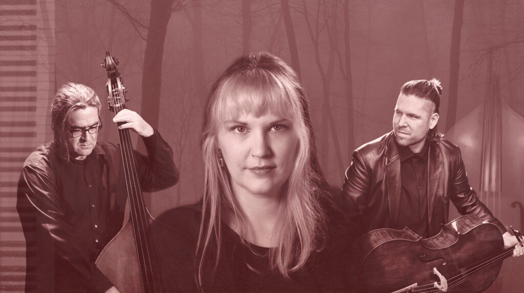 Frau in der Mitte, Kontrabassist links, Cellist rechts von ihr, im Hintergrund Bäume und Klaviertastatur links im Bild